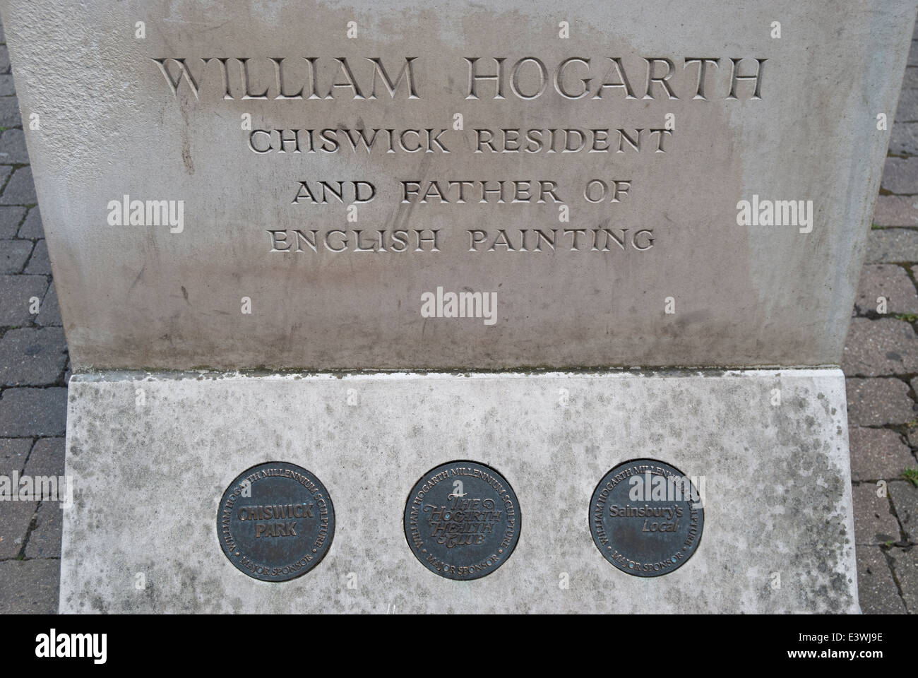 Inscription sur jim mathieson's 2001 statue en bronze de William Hogarth, Chiswick, Londres, Angleterre Banque D'Images