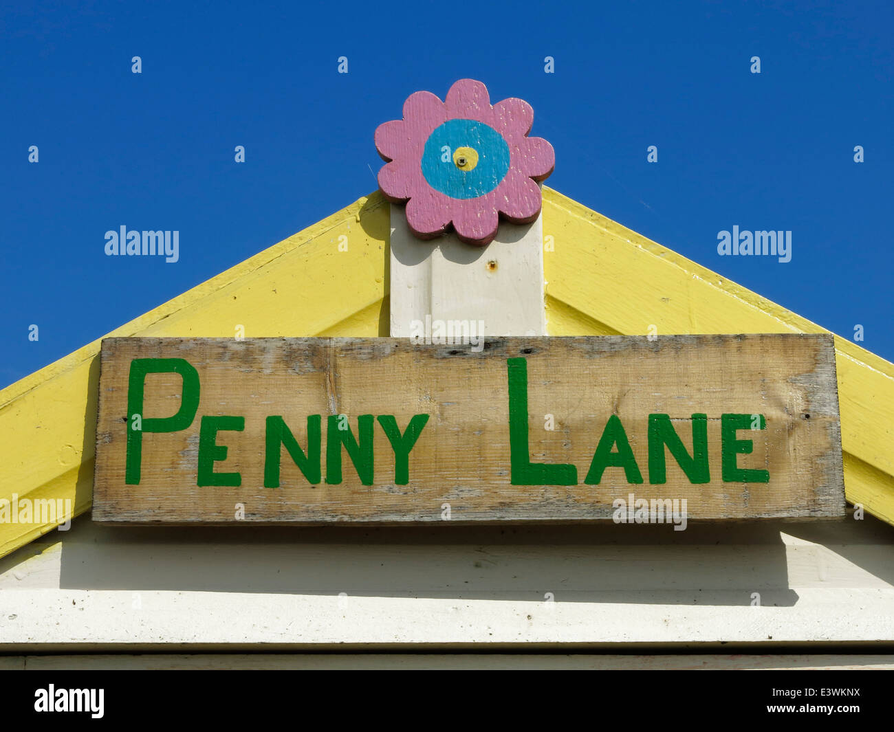 Penny Lane, signe sur une cabane de plage. Banque D'Images