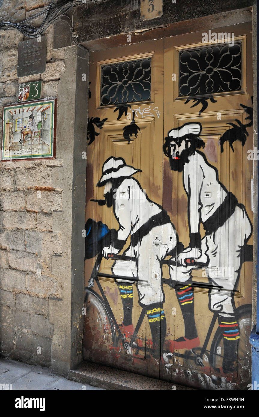 Les cyclistes de graffiti copie du catalan artsit, illustrateur et peintre Ramon Casas i Carbo inBarcelona ville. La Catalogne, Espagne. Banque D'Images