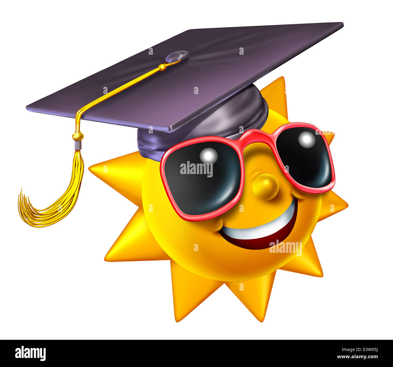 L'apprentissage d'été et de l'enseignement scolaire concept comme un heureux caractère sun tridimensionnelle portant une graduation hat ou mortier pac comme un symbole de l'étudiant cours parascolaires universitaires dans la saison chaude mois isolé sur blanc. Banque D'Images