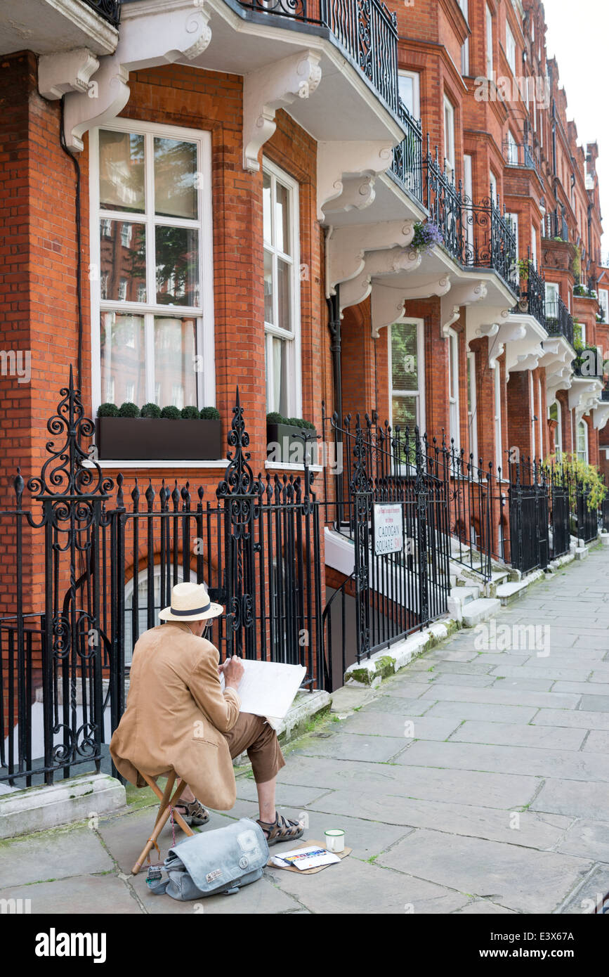 Dessin de l'artiste sur Cadogan Place, Kensington & Chelsea, London, England, UK Banque D'Images