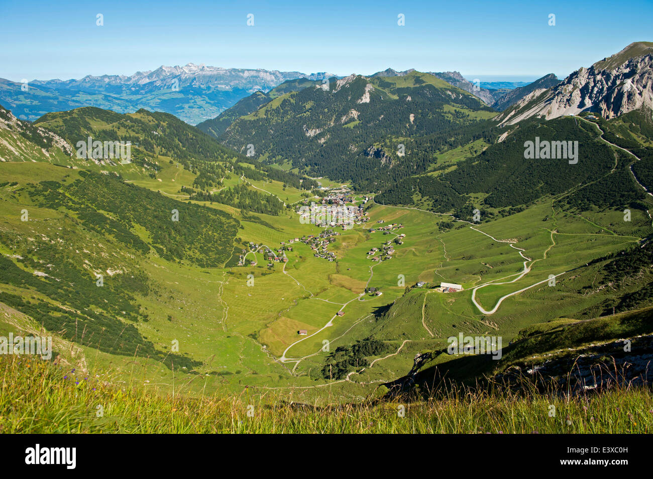 Vallée de haute montagne du massif de l'Alpstein, Malbun à l'arrière, Principauté de Liechtenstein Banque D'Images