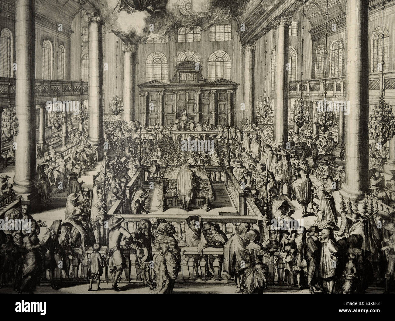 La synagogue portugaise d'Amsterdam. À l'intérieur. Culte scène initiation, 1675. La gravure. Banque D'Images