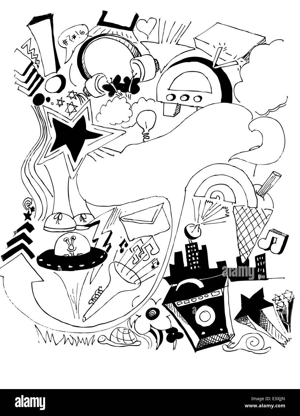 La musique urbaine dessiné à la main et les éléments d'arrière-plan Illustration de Vecteur