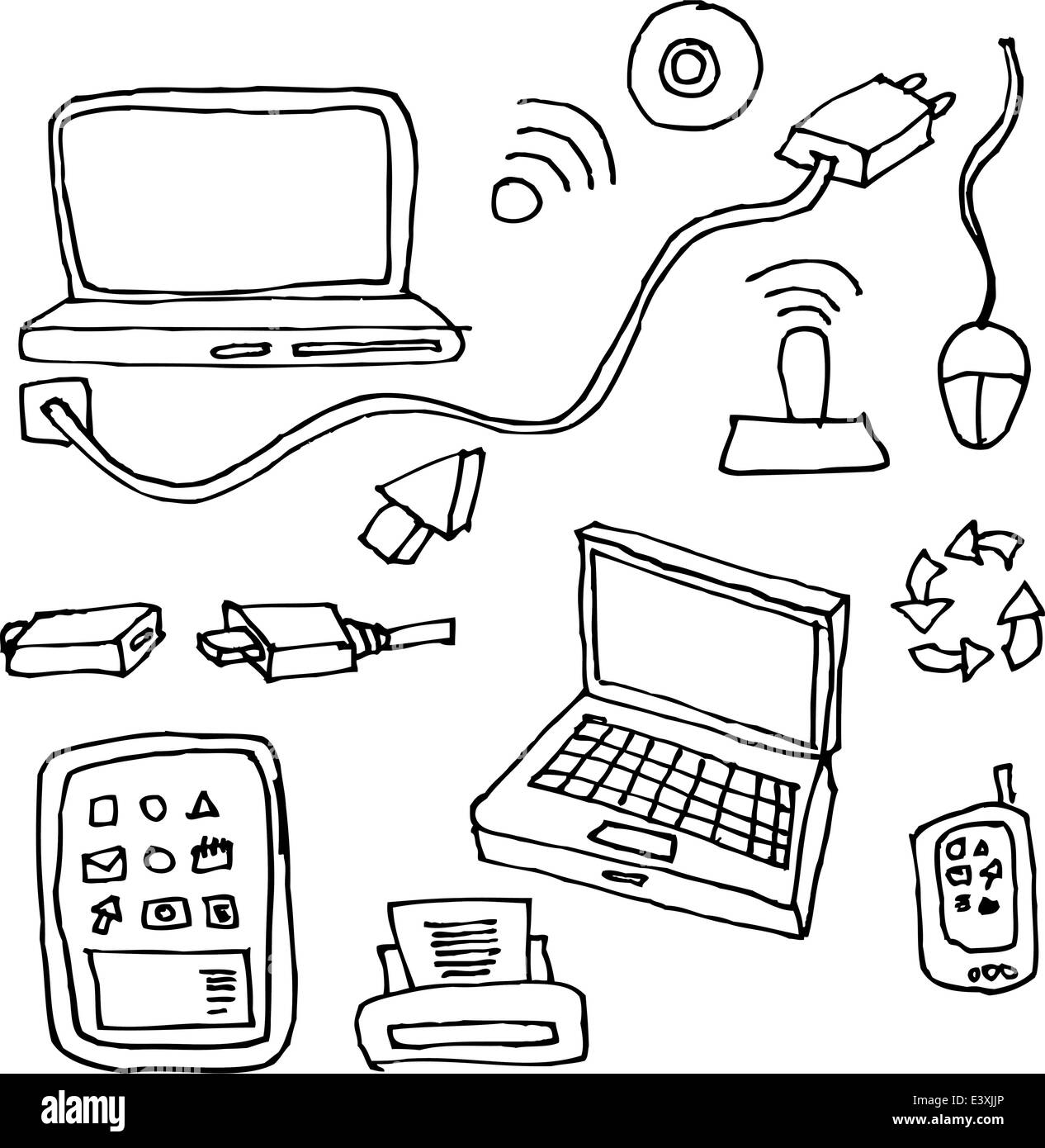 Dessin à la main des ordinateurs, tablettes, imprimantes, câbles et éléments de réseau pour la technologie Illustration de Vecteur