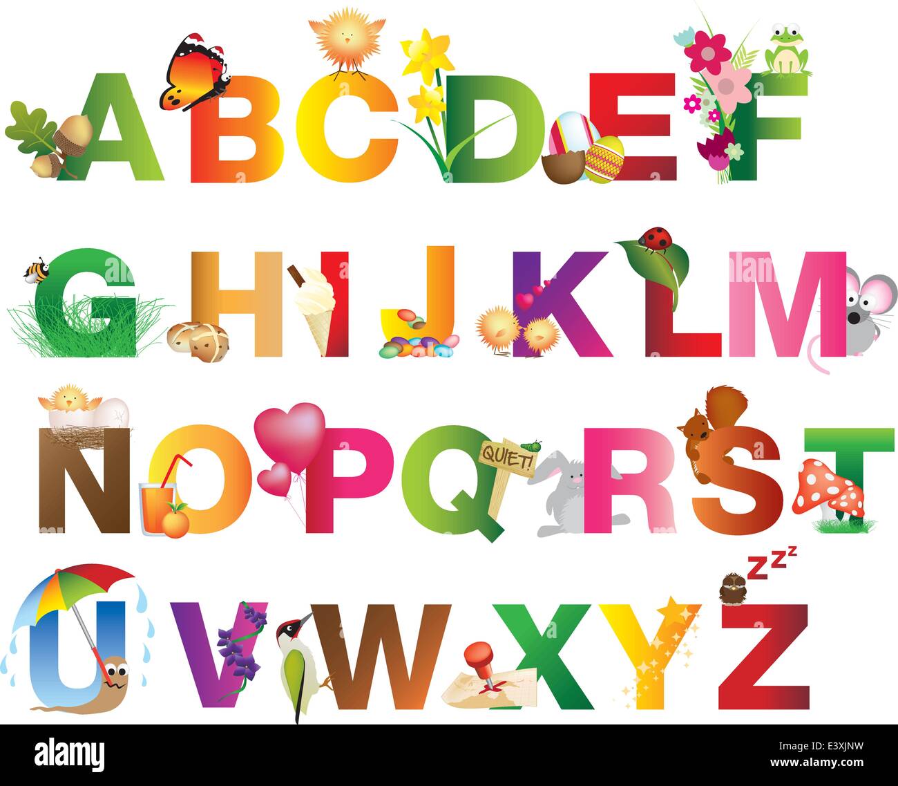 L'alphabet entier représenté avec cute cartoon illustrations en fonction de la nature et de l'été Illustration de Vecteur