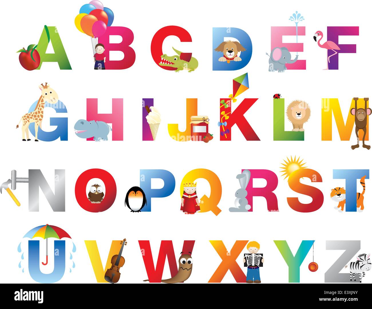 L'alphabet anglais pour enfants complète énoncé avec différents animaux de  dessin animé et des jouets amusants Image Vectorielle Stock - Alamy