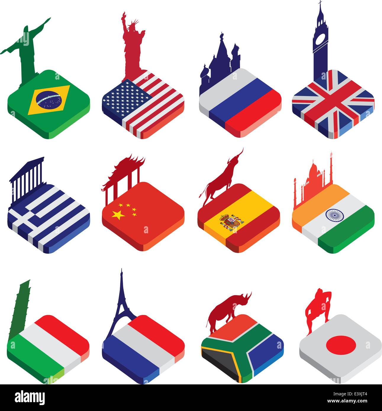 Monde des sites célèbres comme la place d'un icône ou bouton dessins de drapeaux en couleur isolé sur un fond blanc avec des silhouettes de famo Illustration de Vecteur