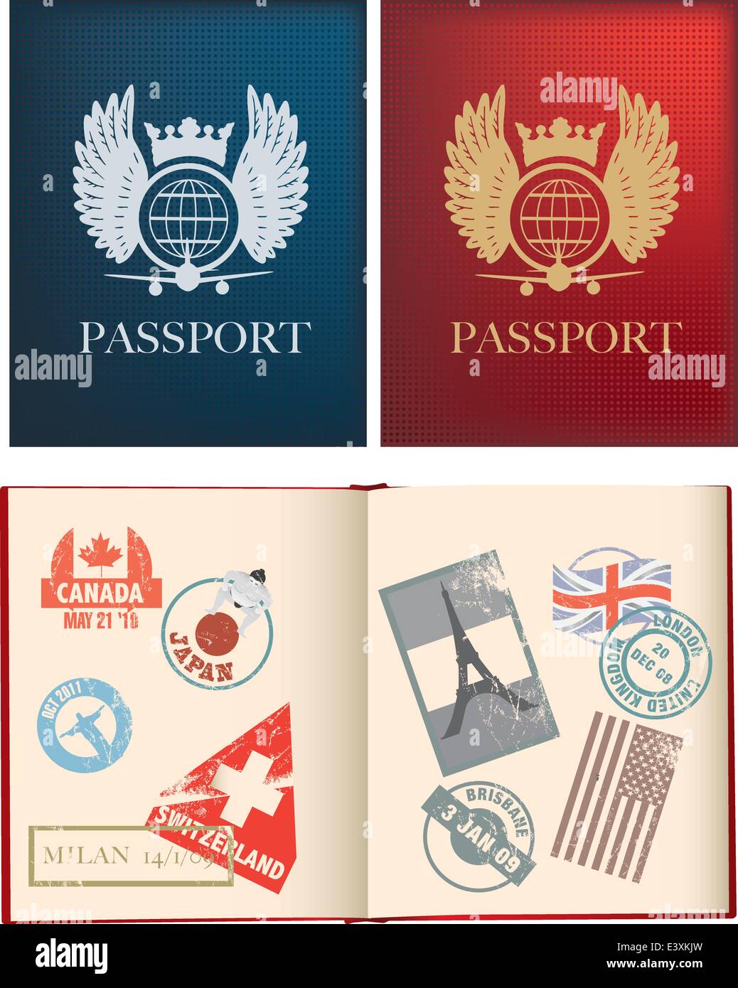 Otside iside et pages d'un passeport bleu et rouge avec des timbres, mesh gradient utilise Illustration de Vecteur