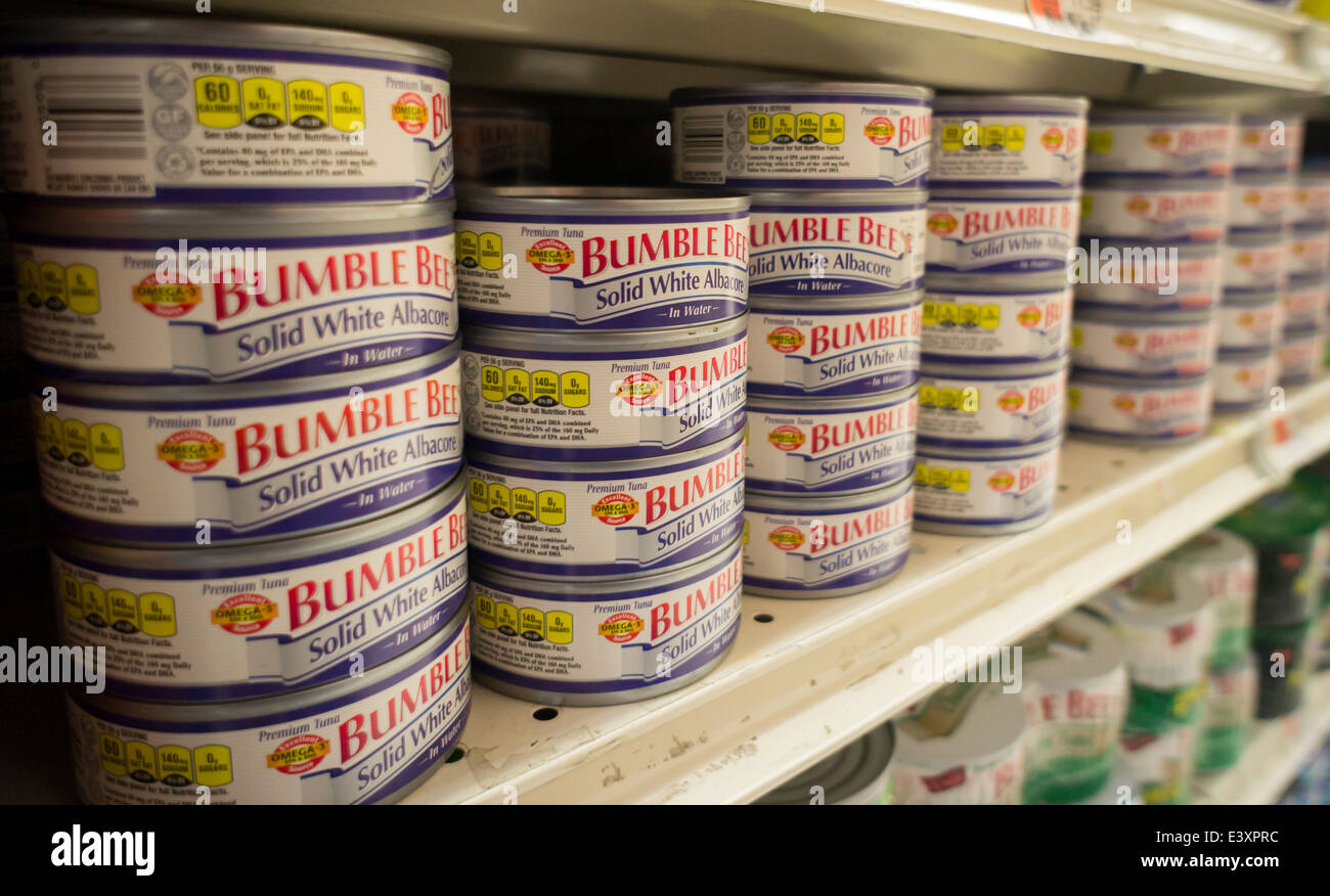 Boîtes de Bourdon solide blanc germon sur une étagère d'épicerie à New York Banque D'Images