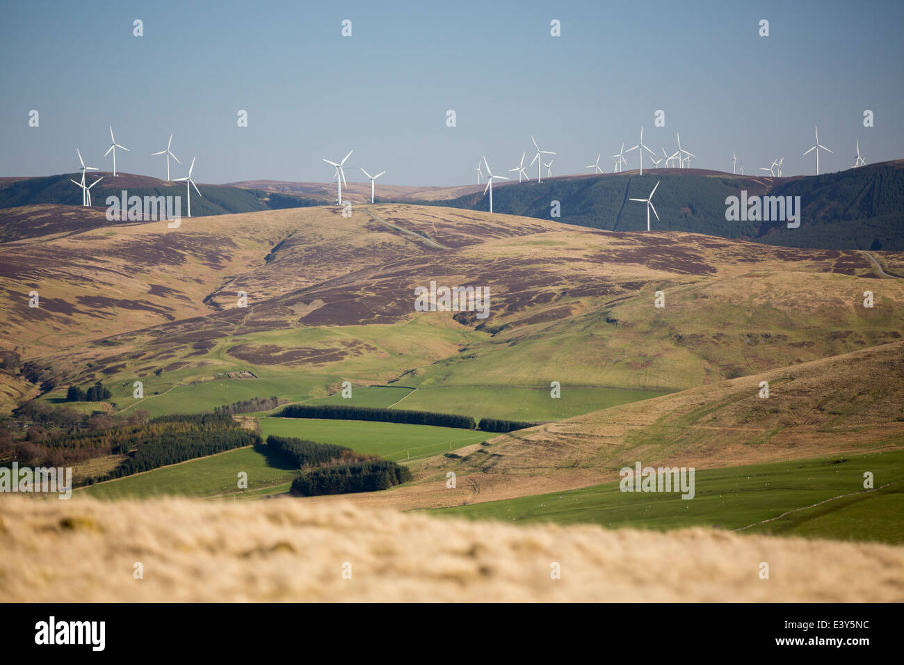 Une ferme éolienne dans les hautes terres méridionales de l'Ecosse près de Biggar, vu de Tinto Hill. Banque D'Images