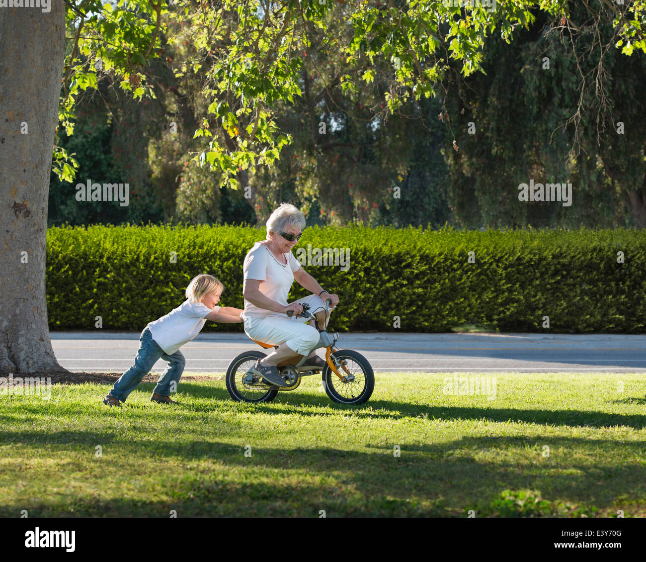 Trois ans grand-mère poussant sur cycle in park Banque D'Images