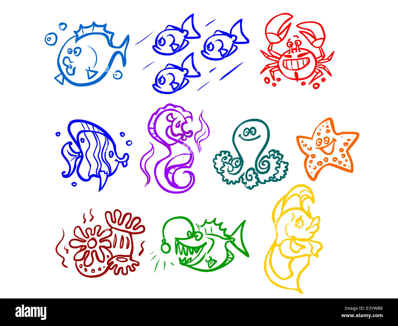 Cartoon illustration de la vie marine. Les poissons, les algues, le poulpe, crabe, monstre de mer. Silhouette sur un fond blanc Banque D'Images