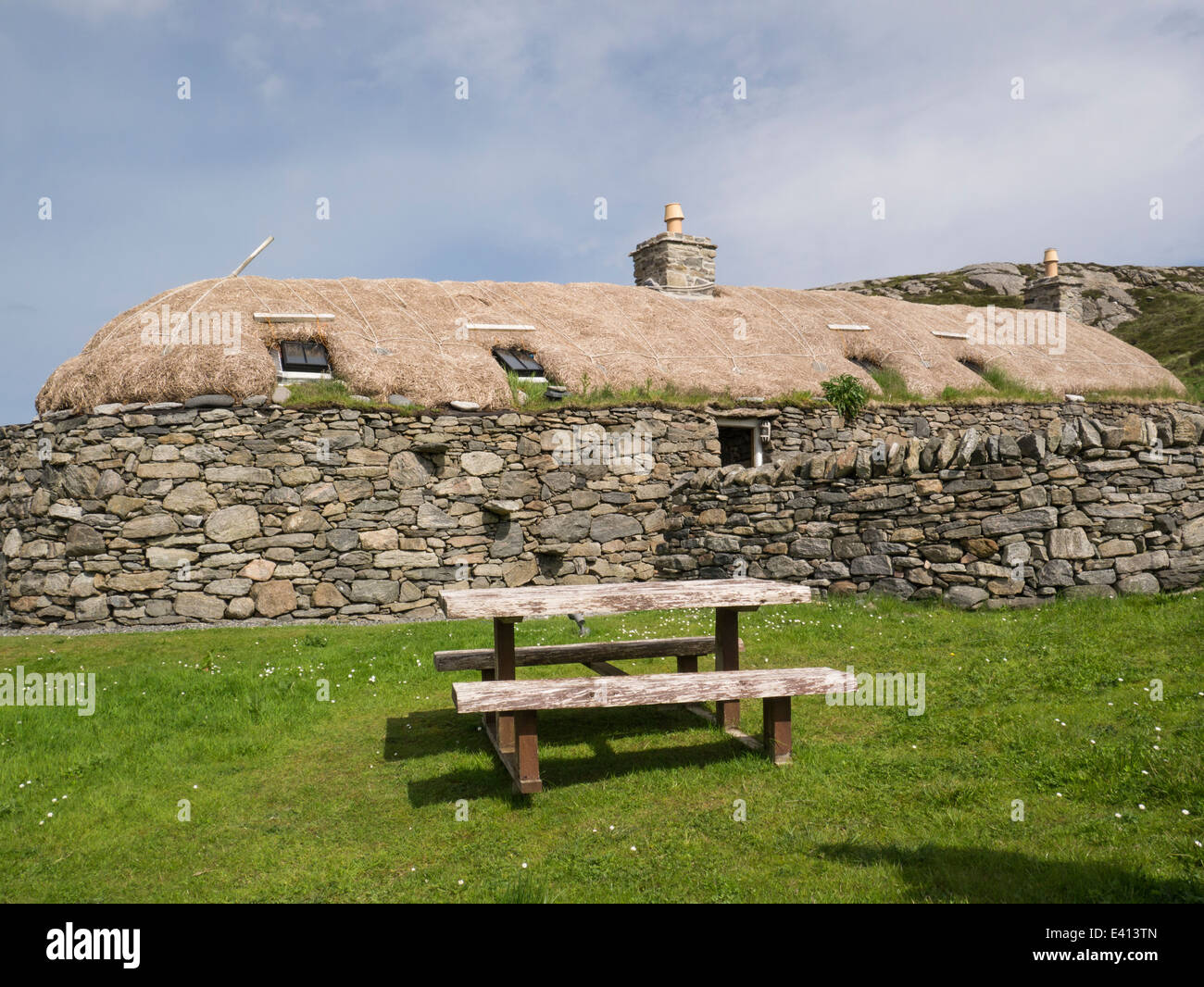 Na Gearrannan Blackhouse Garenin restauré logement café et boutique de cadeaux dans village classé Isle Of Lewis Outer Hebrides Banque D'Images