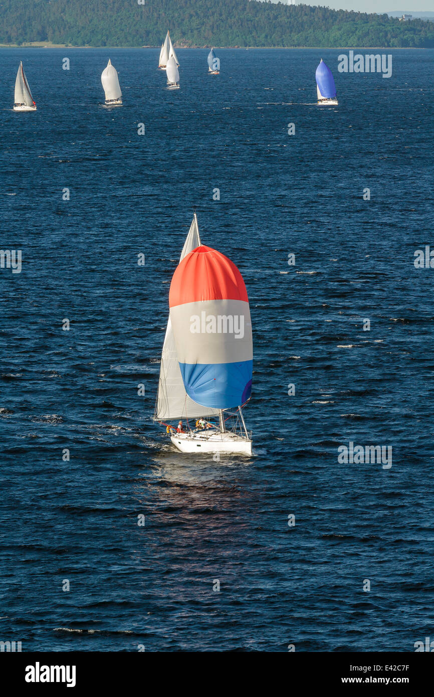 ​​Boat avec voiles blanches sur la mer Banque D'Images