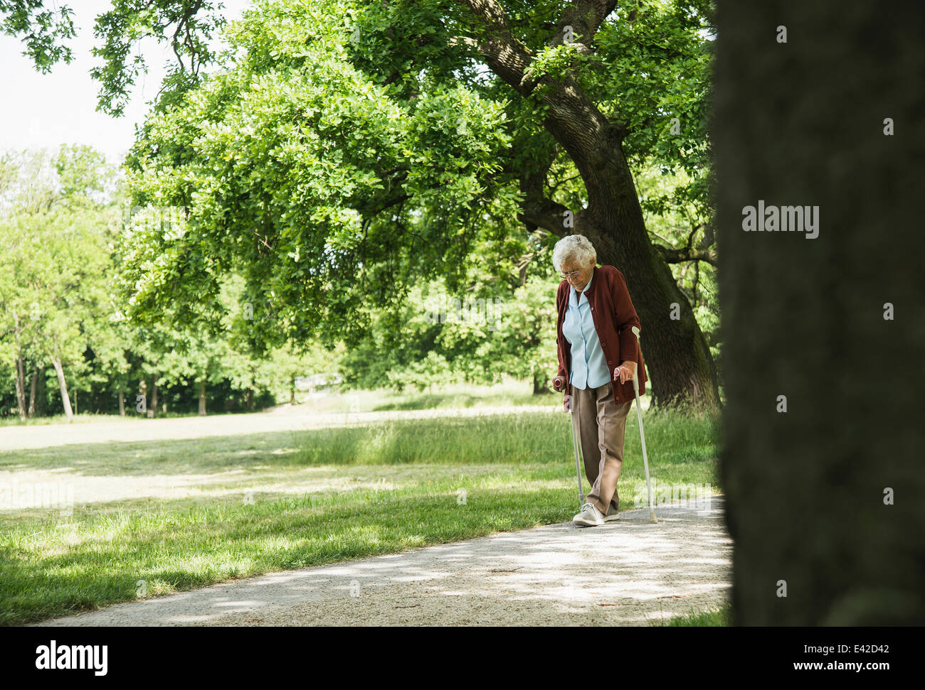 Senior woman walking through Park, à l'aide de bâton de marche Banque D'Images
