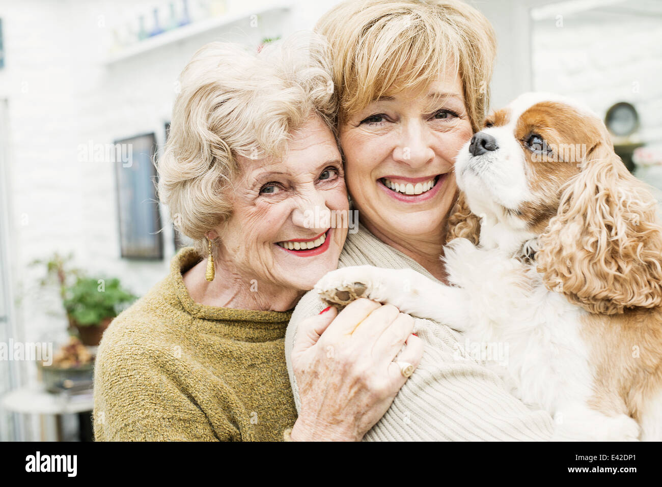 Portrait of senior woman, sa fille et le chien Banque D'Images