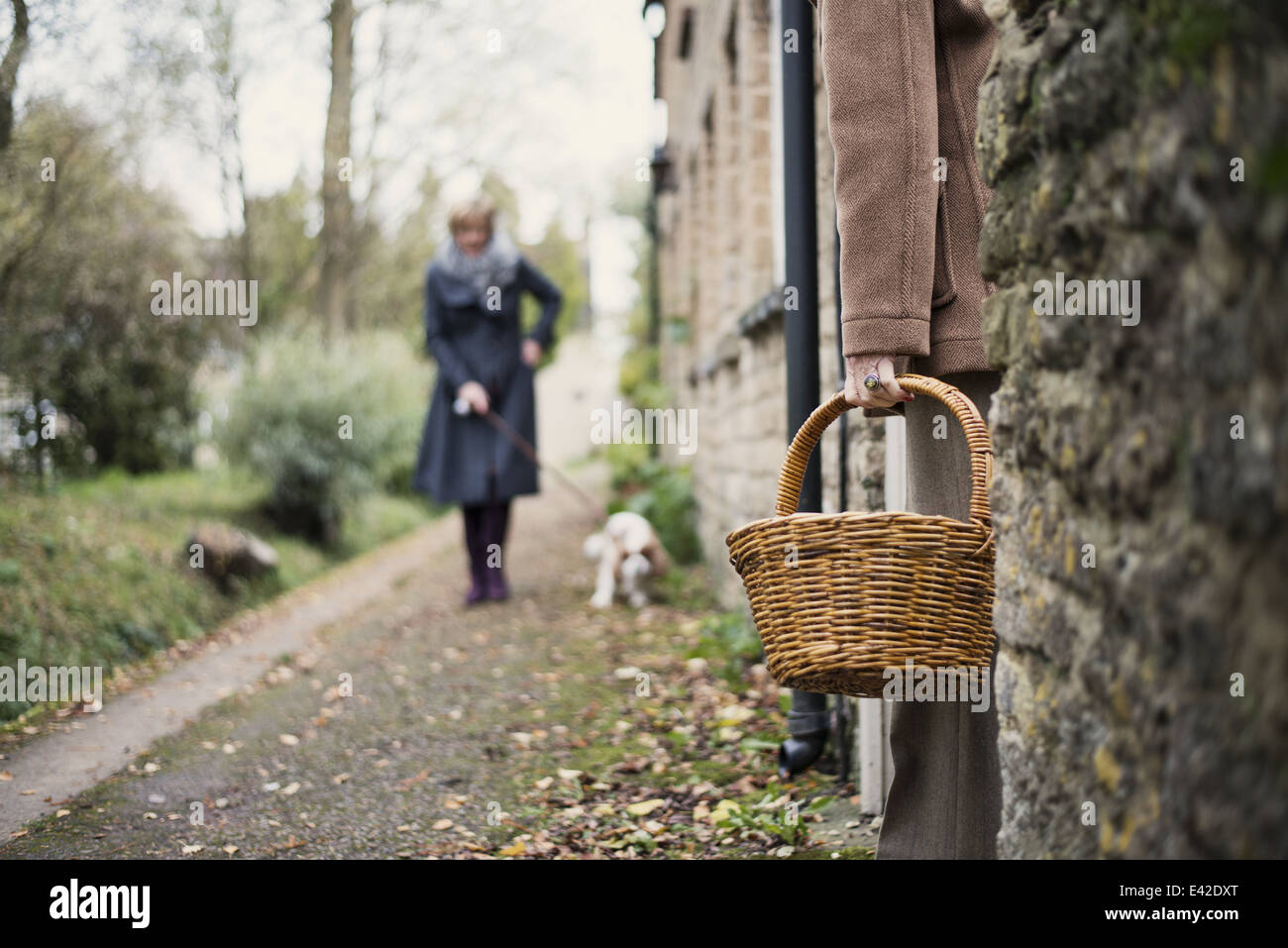 Senior woman standing in doorway, low angle view, attente de femme mature, chien de marche Banque D'Images