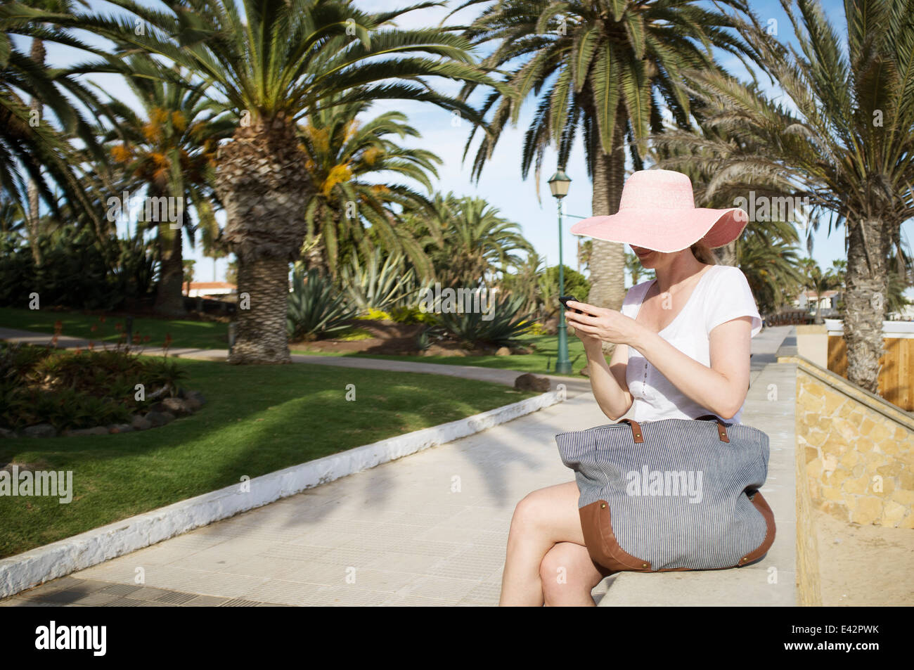 Mid adult woman texting on smartphone in park gardens at coast Banque D'Images