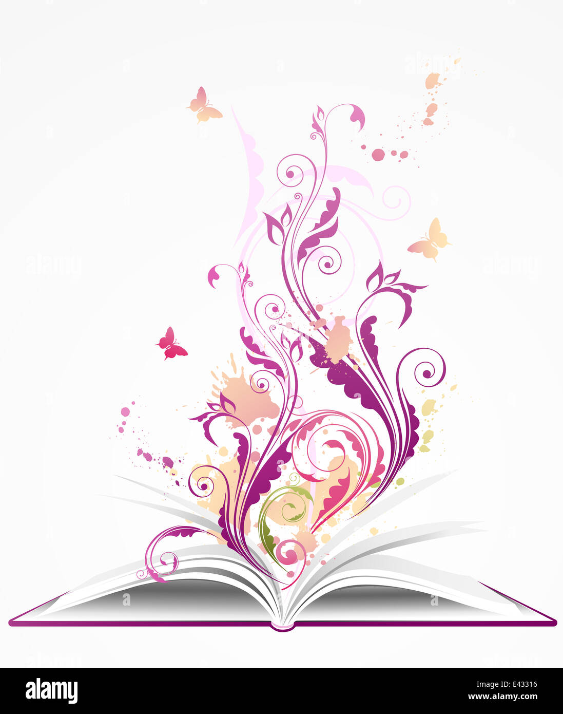 Contexte avec livre ouvert, l'ornement floral et papillons Banque D'Images