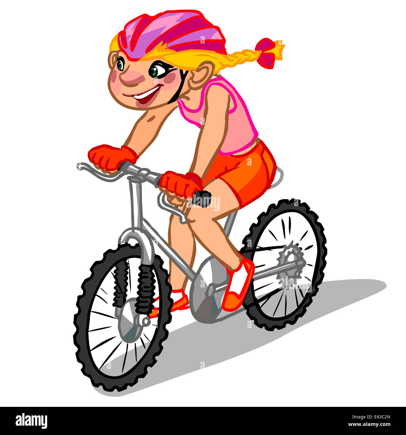 L'illustration d'un cartoon Girl on a bicycle argent et sur un fond blanc. Banque D'Images