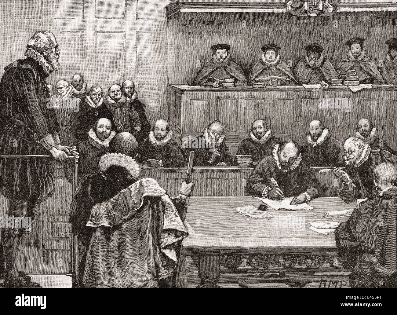 Sir Walter Raleigh devant les juges en 1618. Banque D'Images