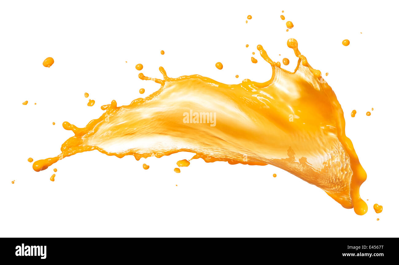 Splash de jus d'orange isolé sur fond blanc Banque D'Images