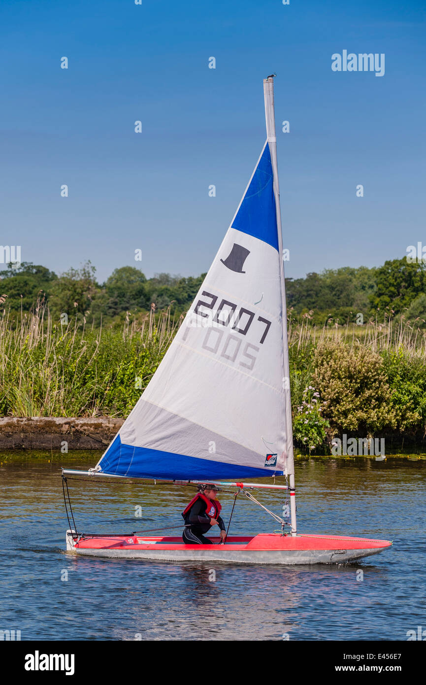 Garçon un Topper à canot à Beccles Sailing Club amateur sur la rivière Waveney à Beccles , Suffolk , Angleterre , Angleterre , Royaume-Uni Banque D'Images