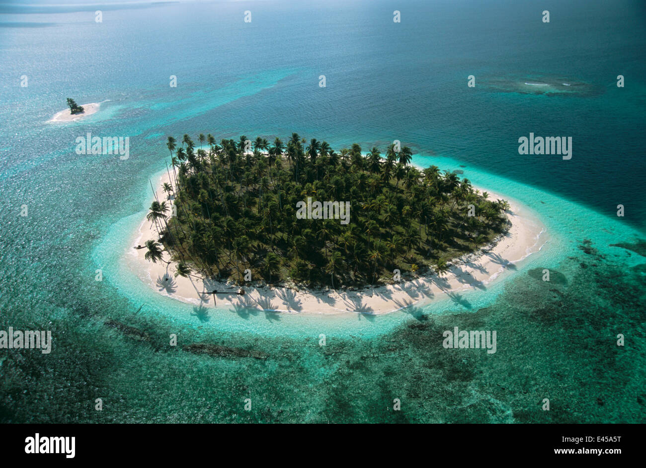 Vue aérienne de l'île avec des cocotiers, des îles San Blas, côte des Caraïbes, le Panama 2006 Banque D'Images