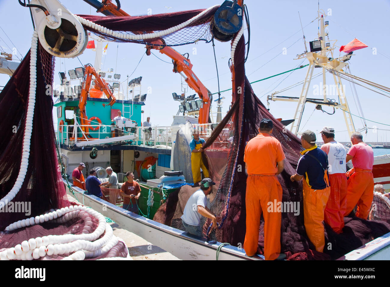 Déchargement de captures des pêcheurs bateau de pêche commerciale, Puerto de Barbate, Cadix, Andalousie, Espagne, juillet 2008 Banque D'Images