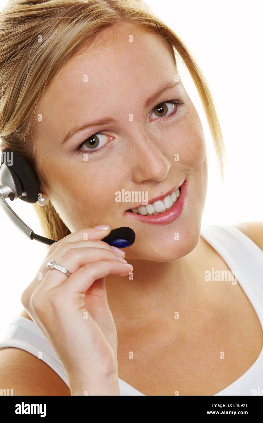 Femme avec casque de téléphone du service à la clientèle. Acceptation de la commande et Hotline Banque D'Images