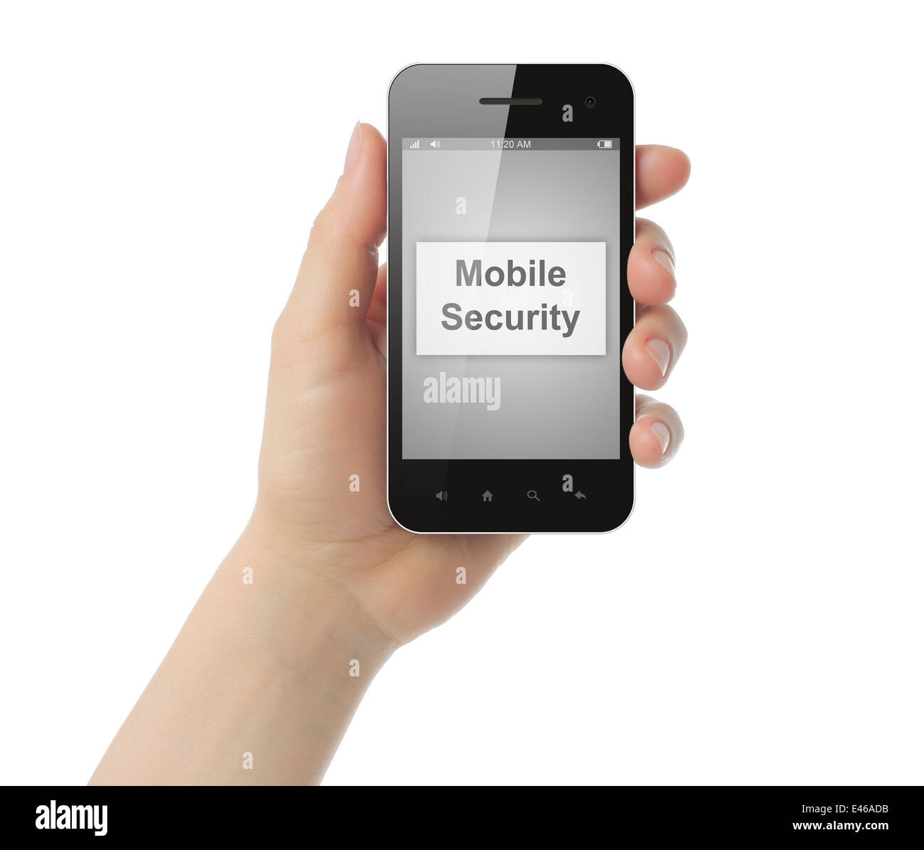 Main courante téléphone intelligent avec bouton de sécurité mobile sur son écran sur fond blanc. Banque D'Images