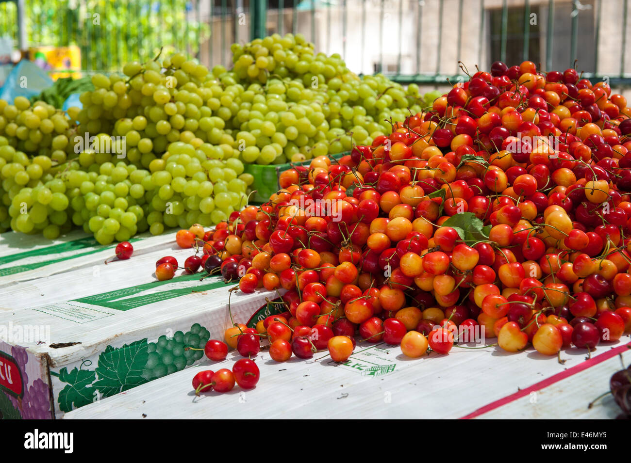 Cerises & raisins à Hurfeish marché, une ville druze en Israël. Banque D'Images