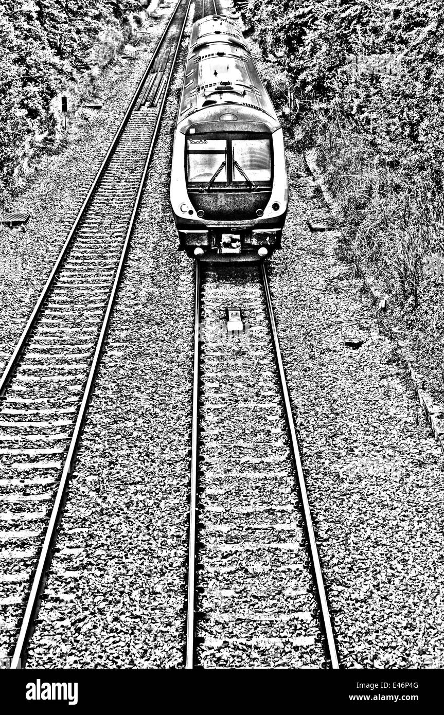 Train moderne en campagne en noir et blanc Banque D'Images