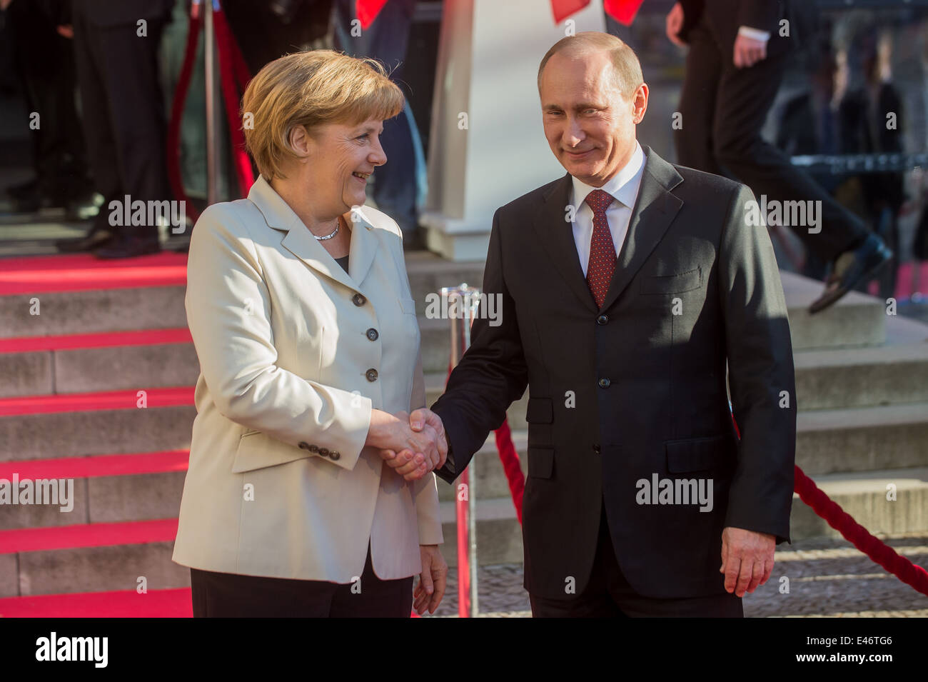 Berlin, Allemagne, Vladimir Poutine et Angela Merkel à l'Hannover Messe Banque D'Images