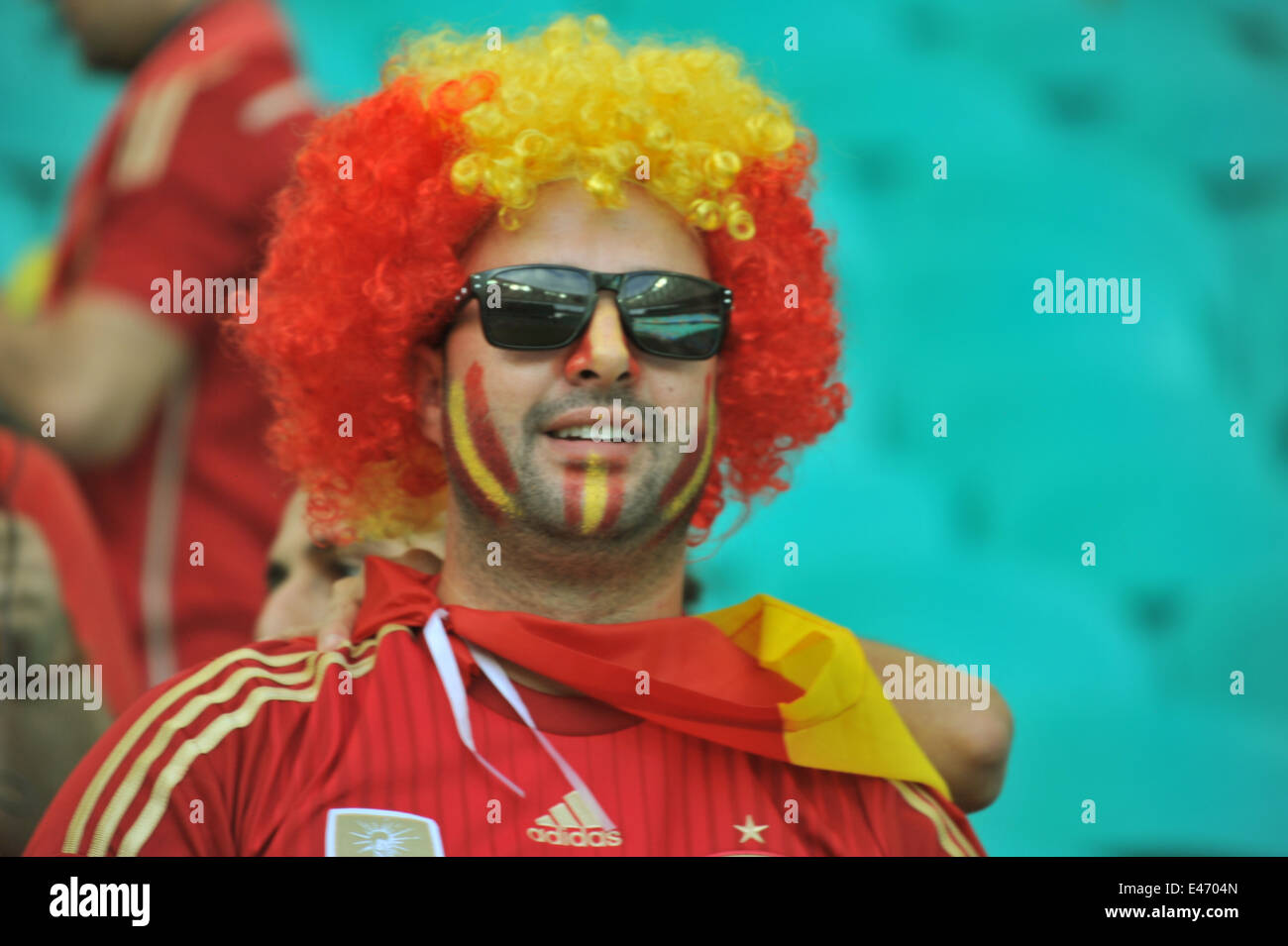WM 2014, Hollande vs Spanien (5:1), Ventilateur Spanischer, Salvador da Bahia, Brésil. Usage éditorial uniquement. Banque D'Images
