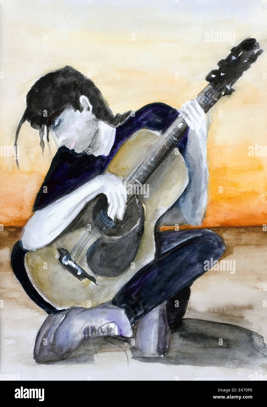 L'Espagnol Flamenco - Magie de la musique pour guitare. Aquarelle art abstrait illustration Banque D'Images