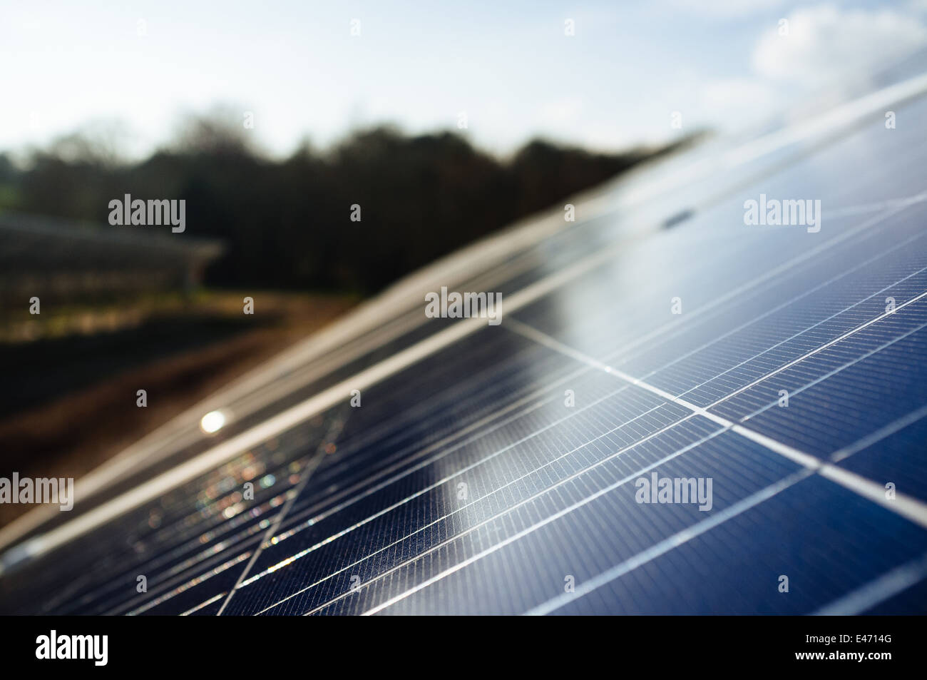 Panneaux photovoltaïques dans une ferme d'énergie solaire de Cornwall, qui exploite l'énergie solaire et fournit de l'énergie verte et renouvelable Banque D'Images