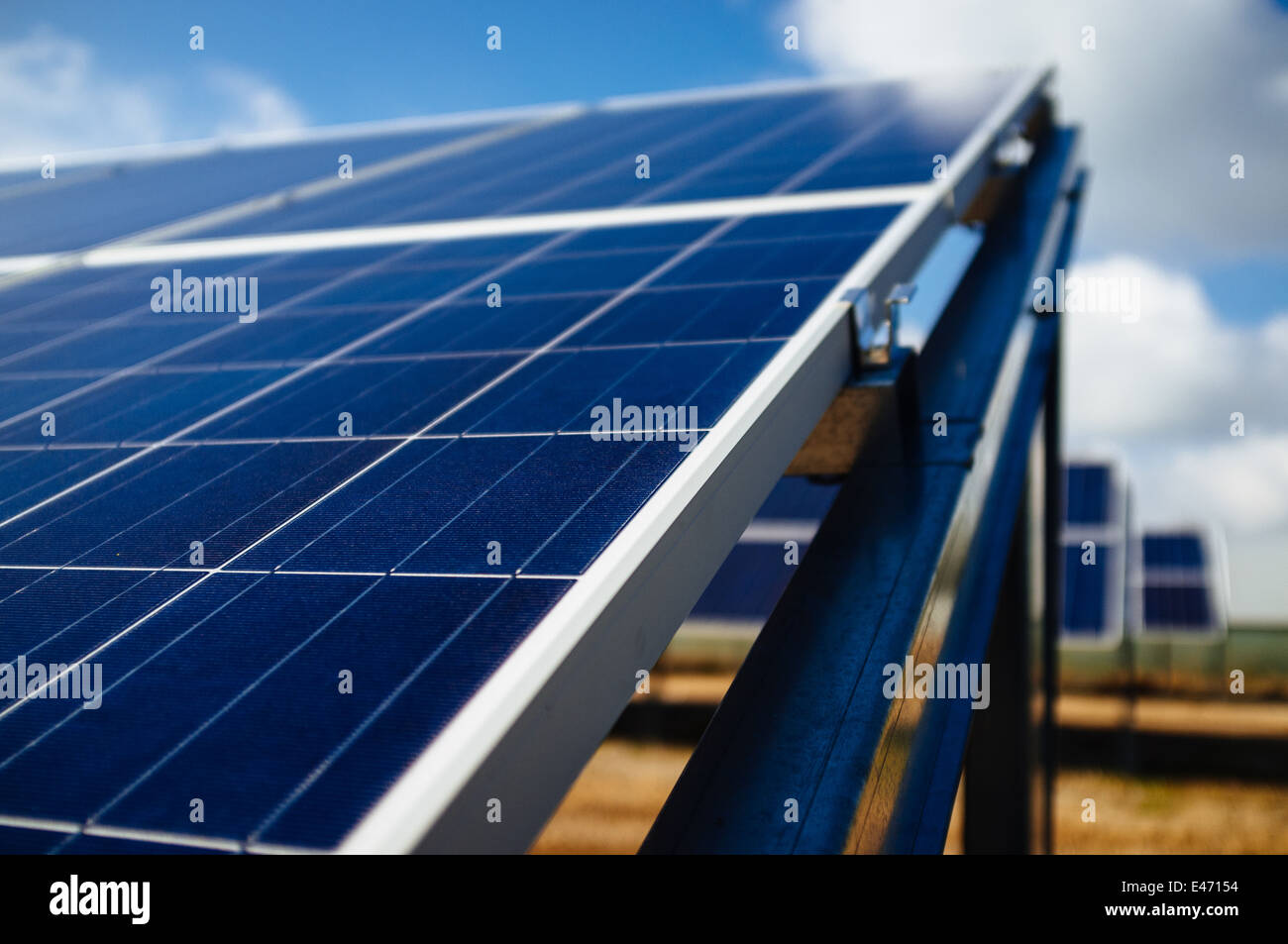 Panneaux photovoltaïques dans une ferme d'énergie solaire de Cornwall, qui exploite l'énergie solaire et fournit de l'énergie verte et renouvelable Banque D'Images