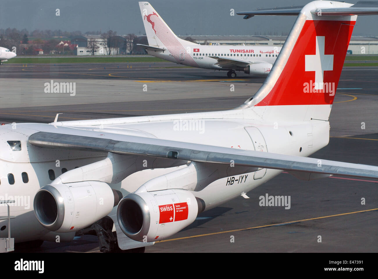 L'aéroport de Prague, AVRO RJ 100 avion de ligne de Swiss International Air Lines Banque D'Images