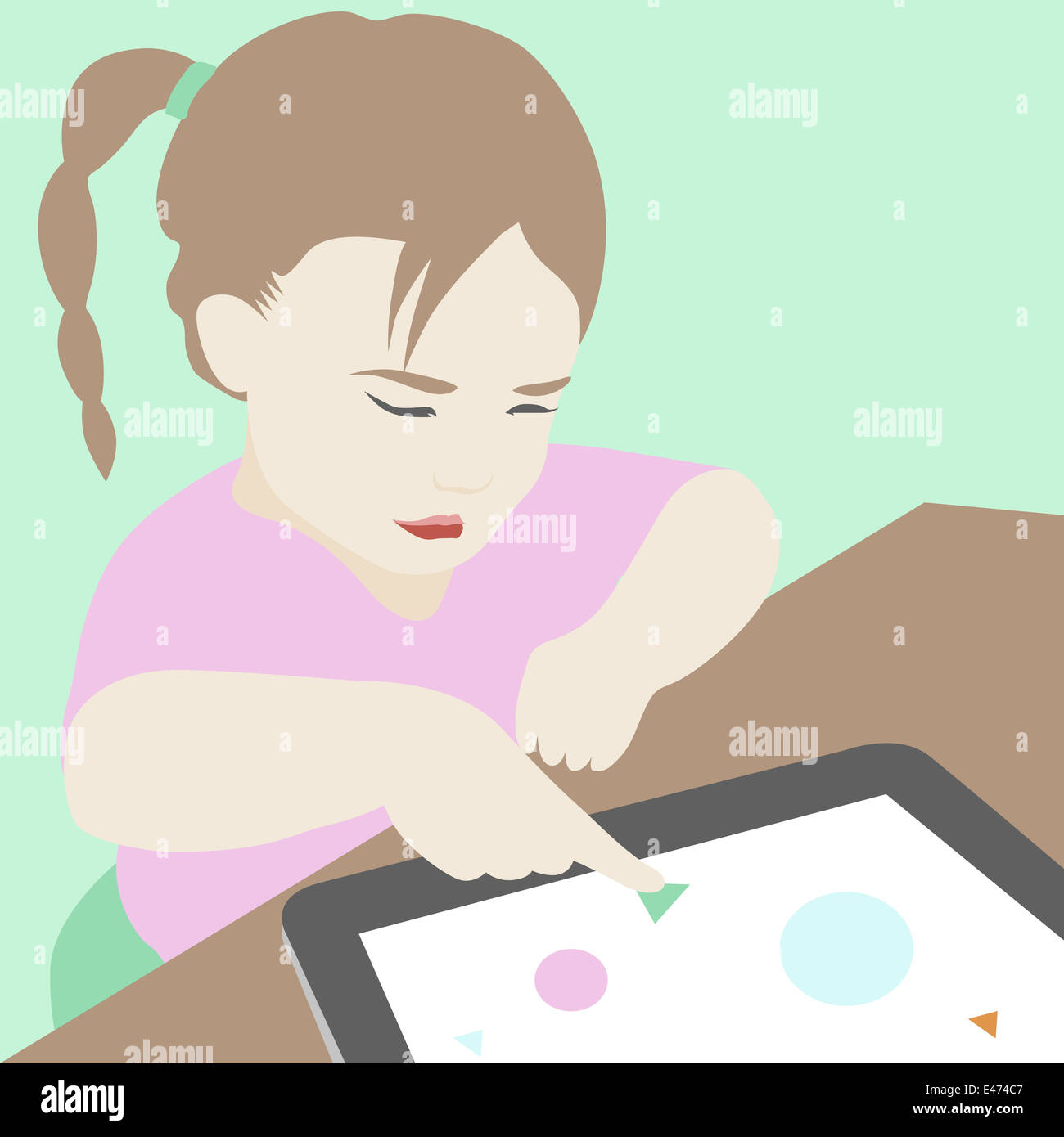 Télévision illustration de mignonne petite fille sérieuse essayant d'apprendre et d'utiliser certaines matières d'enseignement élémentaire sur tablette numérique. Banque D'Images