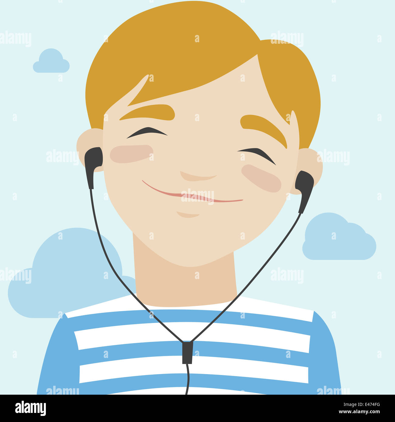 Télévision illustration de little smiling boy in Casual t-shirt walking et écouter de la musique via des écouteurs Banque D'Images
