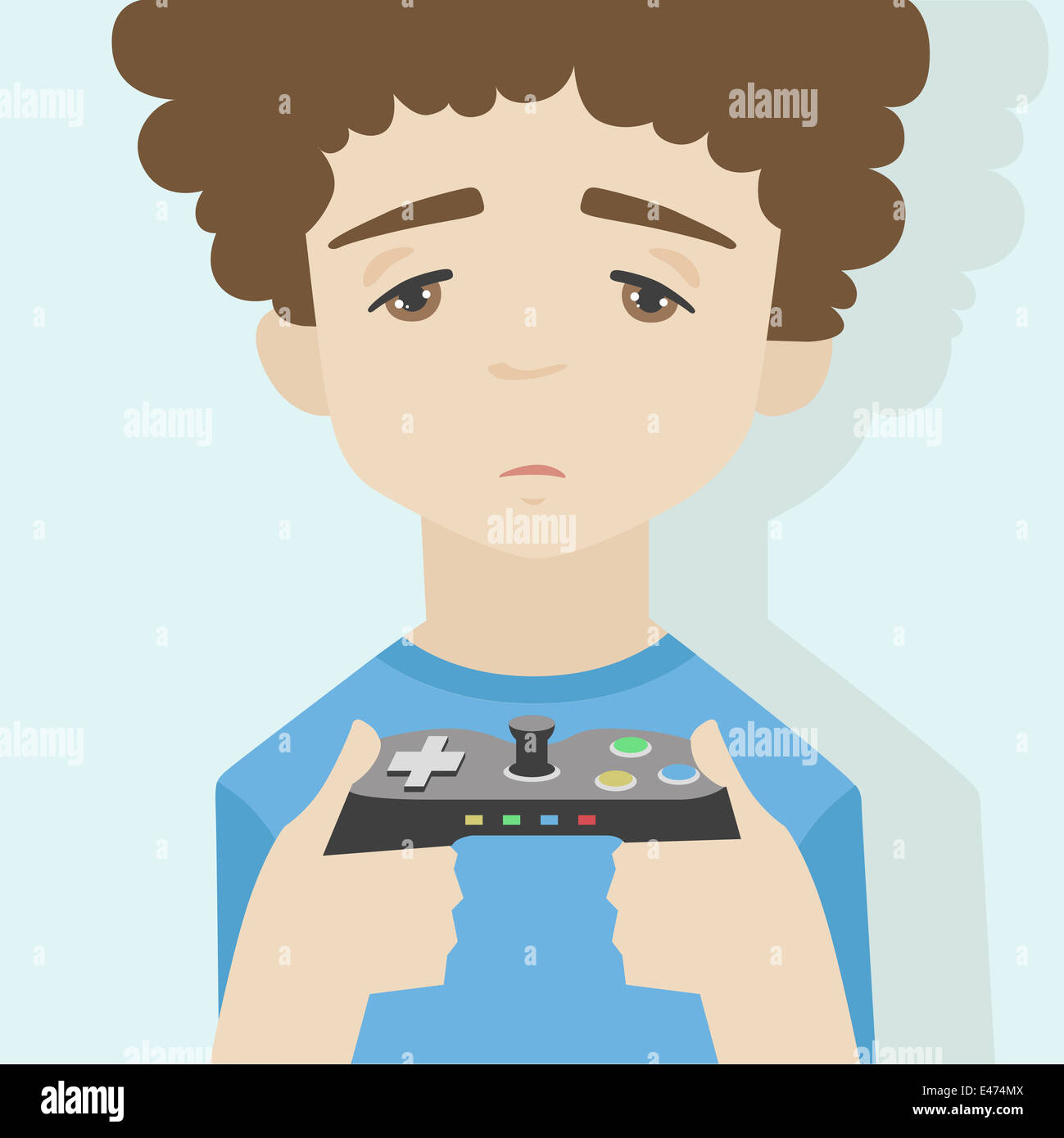 Illustration de télévision peu triste garçon portrait, à la recherche et à la tenue avec le visage montrant gamepad expression de jeu plus. Banque D'Images