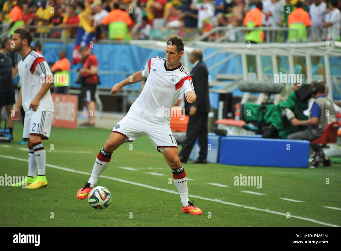 Miro Klose macht sich, chaleureux, 2014 WM Deutschland vs Portugal, Salvador da Bahia. Usage éditorial uniquement. Banque D'Images