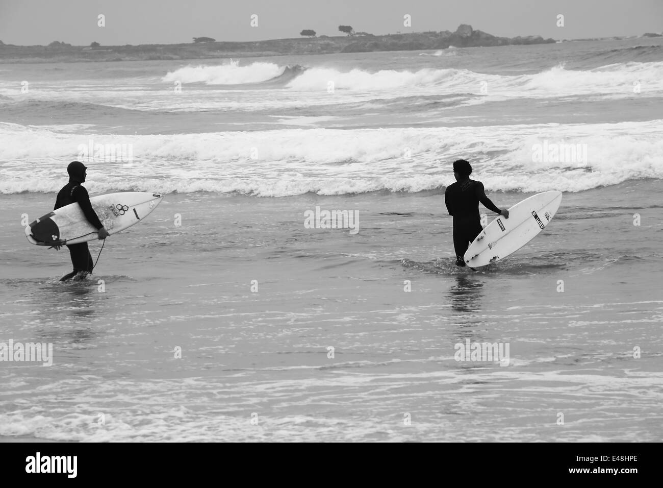 Surfers holding surfboards se préparent à aller plonger dans le surf, sur une plage de galets près de Pacific Grove en Californie Banque D'Images