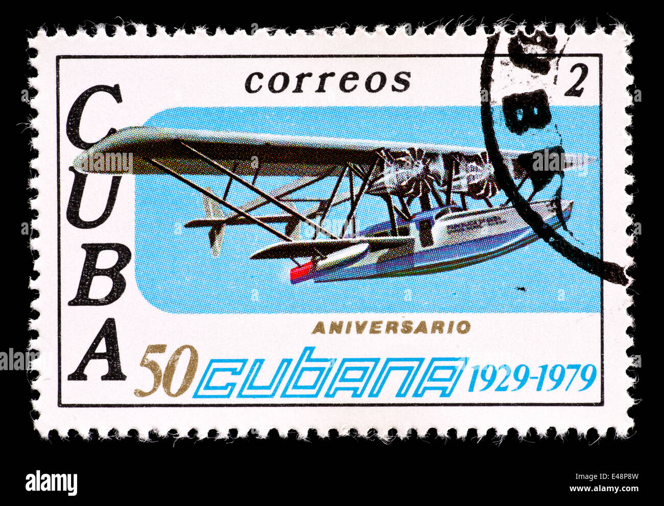 Timbre-poste de Cuba représentant un avion de la mer, pour la 50 ème anniversaire de Cubana de Aviación S.A. Banque D'Images