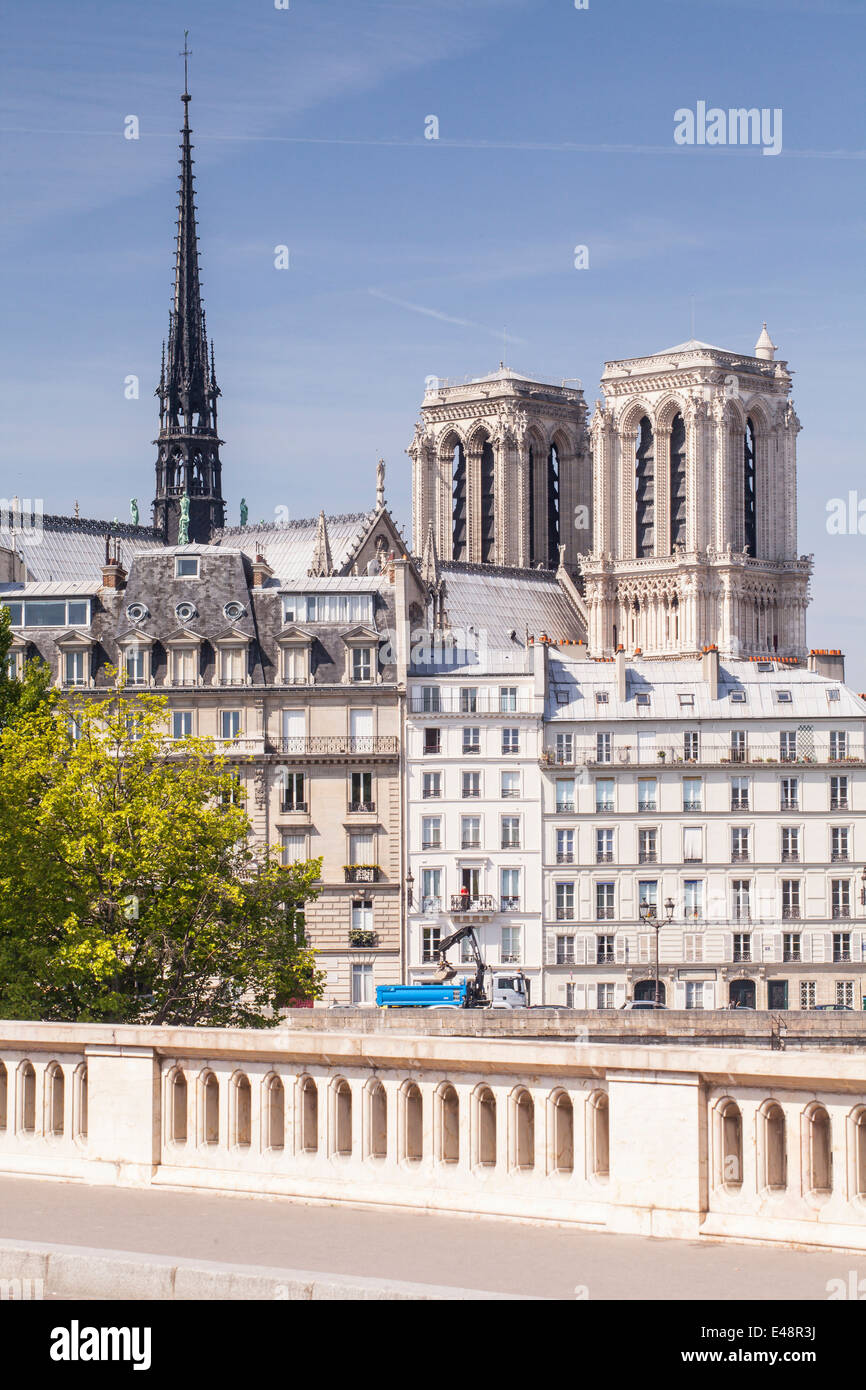 La cathédrale Notre Dame se lever au-dessus de l'Ile de la Cité, Paris. Banque D'Images