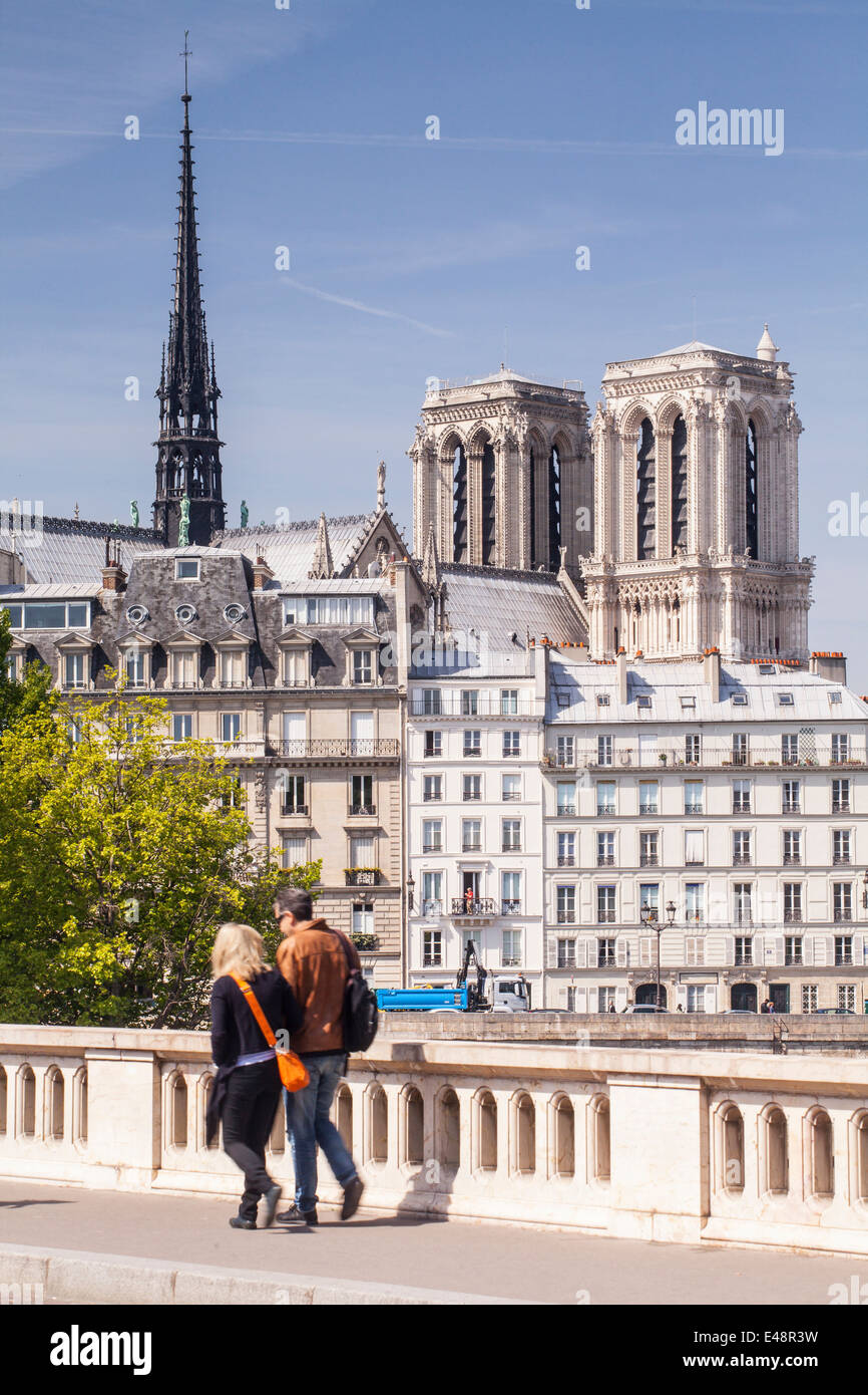 La cathédrale Notre Dame se lever au-dessus de l'Ile de la Cité, Paris. Banque D'Images