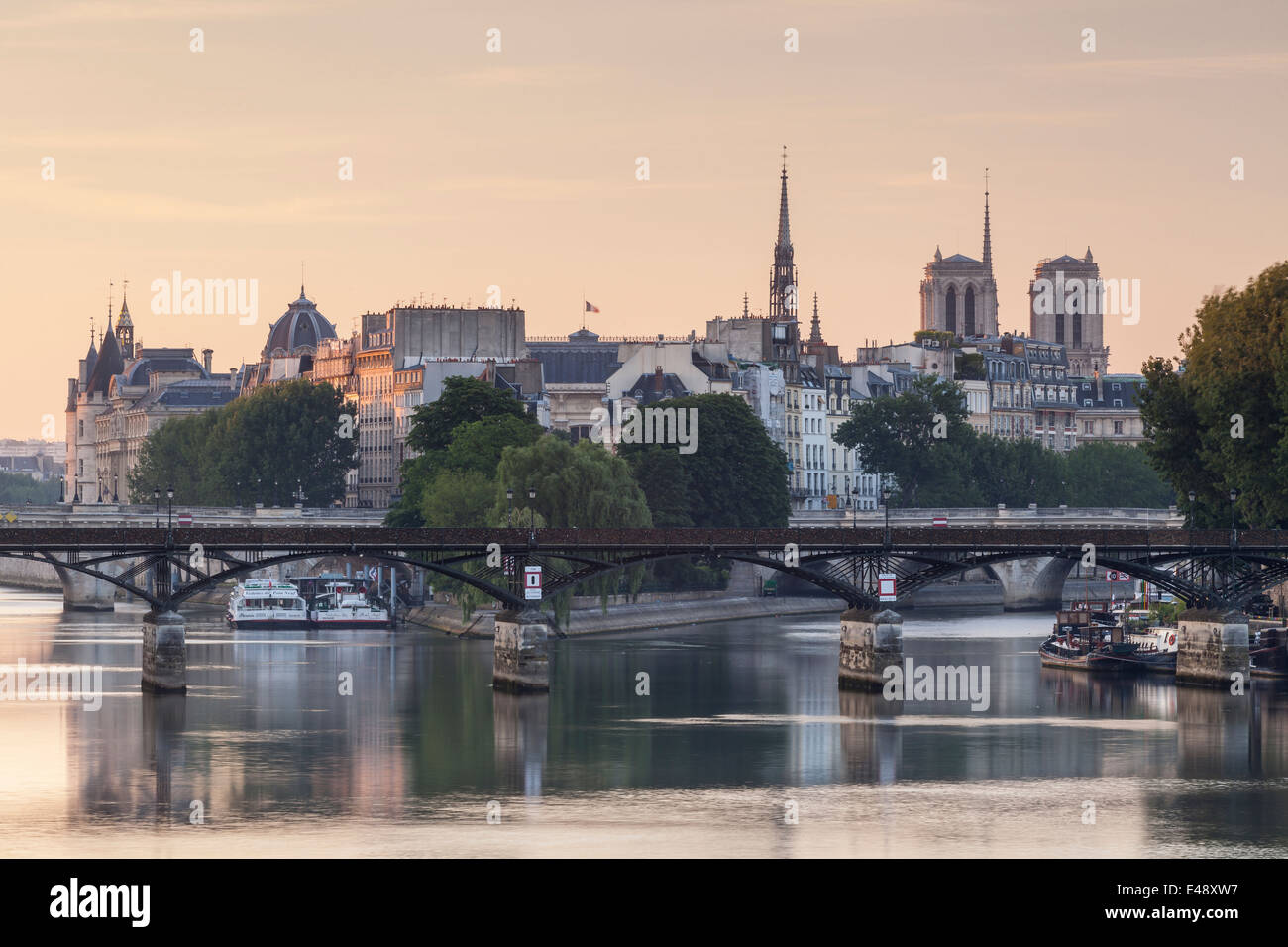 Le Pont des Arts avec l'Ile de la Cité en arrière-plan. L'Ile abrite des monuments tels que la cathédrale Notre Dame de Paris. Banque D'Images