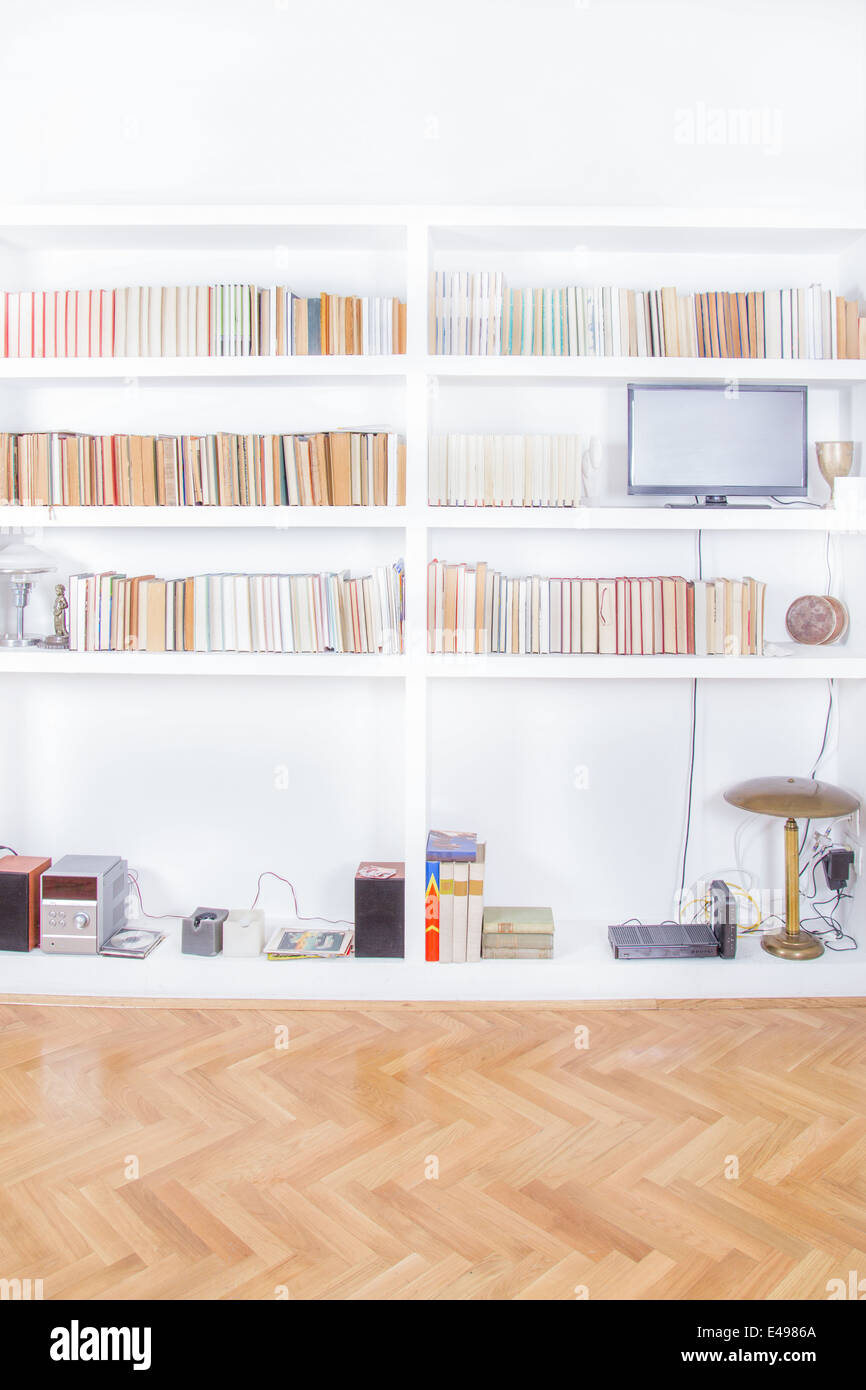 Salle de séjour avec tv et bibliothèque de rendu, d'atmosphère familiale, l'arrière-plan de la bibliothèque à l'intérieur, décoration moderne et propre Banque D'Images